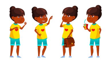 Hintli kız çocuk Set vektör teşkil etmektedir. İlköğretim Okulu çocuk. Hindu. Asya. Bilgi, bilgi, ders. Reklam, afiş, baskı tasarımı için. İllüstrasyon izole karikatür