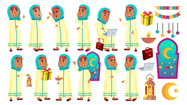 Arab, Muslim Girl Kid Poses Set Vector (en inglés). Niño de primaria. Celebrando el Ramadán Kareem. Educación. Para Tarjeta, Anuncio, Diseño de Saludo. Ilustración de dibujos animados aislados — Vector de stock