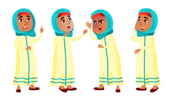 Арабская мусульманская девушка позирует как вектор. Дитя начальной школы. Преподавание, образование, школьник. Для презентации, печати, оформления приглашений. Изолированная карикатура — стоковый вектор