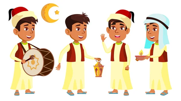 Arab, Muslim Boy Schoolboy Kid Set Vector. Child Celebrating Ramadan Kareem. Active Cute Child. Blackboard, Graduation. For Web, Brochure, Poster Design. Isolated Cartoon Illustration — Stock Vector