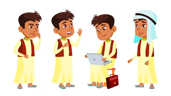 Arab, Muslim Boy Schoolboy Kid Poses Set Vector. Niño de primaria. Expresión Estudiantil. Estilo de vida, Friendly. Para presentación, impresión, diseño de invitación. Ilustración de dibujos animados aislados — Vector de stock