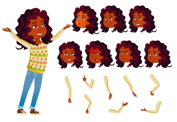 Indiana Teen Girl Vector. Adolescente. Amigável, Cheer. Hindu. Asiática. Emoções faciais, vários gestos. Conjunto de Criação de Animação. Ilustração de Personagem de Desenhos Animados Planos Isolados — Vetor de Stock