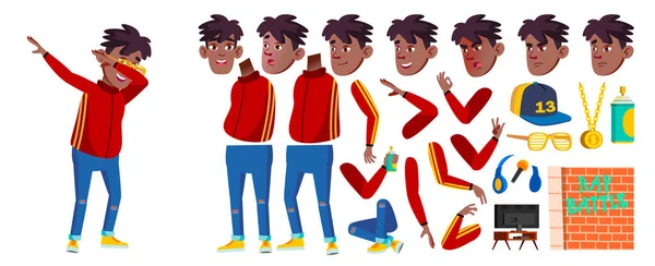 Rap Battle zpěvák Boy kluk vektor. Školák. Černá. Afro americký. Sada vytvoření animace dítě. Tvář emoce, gesta. Pro prezentaci, pozvání Design. Animovaný. Izolované kreslený obrázek — Stockový vektor