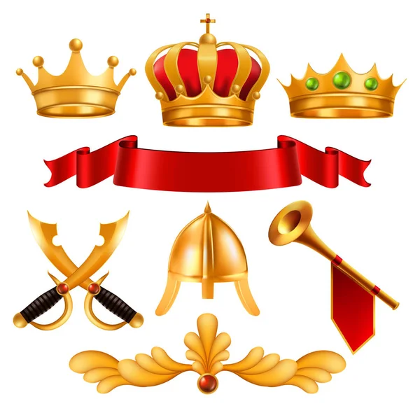 Gold Crown Vector. Golden King Royal Crown with Gems, Red Ribbon Velvet Textile, Swordm Helmet, Horn. Kekuasaan monarki, Pemenang Kompetisi. Sertifikat, Desain Diploma. Ilustrasi Realistik Terisolasi - Stok Vektor
