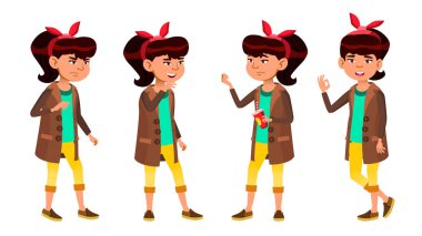 Asyalı kız Set vektör. Lise çocuk. Okul öğrenci. Web, Poster, kitapçık tasarımı için. İllüstrasyon izole karikatür