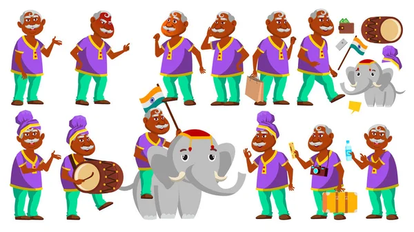 El viejo indio posa el vector del sistema. Personas mayores. Hindú en Turban. Persona mayor. Envejecido. Fiesta tradicional, desfile. Elefante. Actividad. Anuncio, Saludo, Anuncio Diseño. Ilustración — Vector de stock