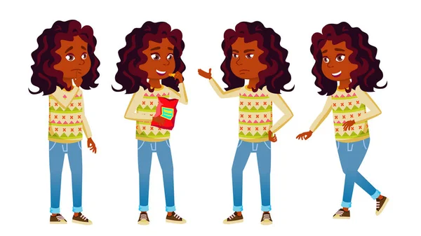 Menina indiana Kid Poses Set Vector. Estilo de vida infantil do liceu. Hindu. Adolescente. Para Web, Brochura, Poster Design. Ilustração de desenhos animados isolados — Vetor de Stock