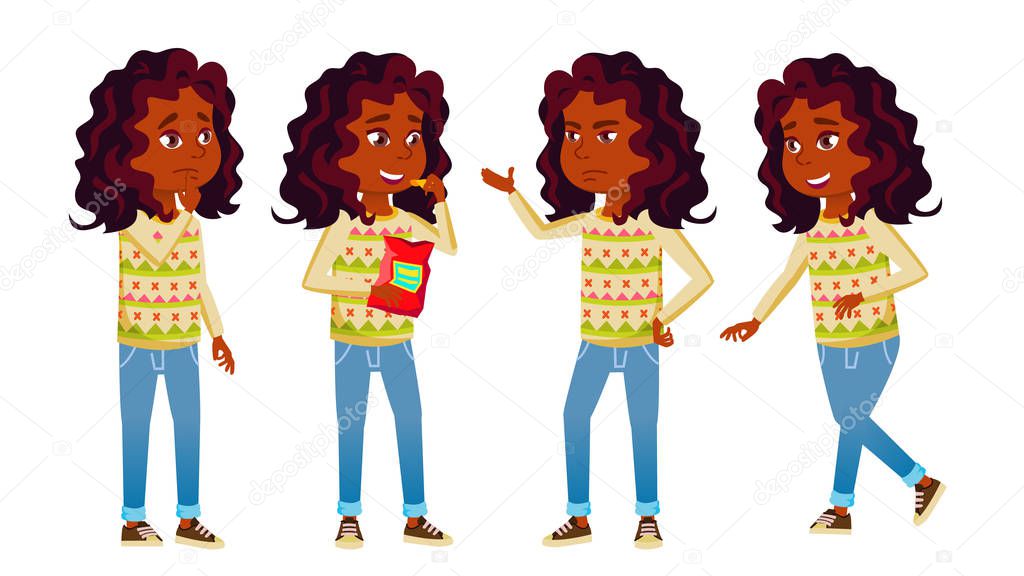 Indian Girl Kid Poses Set Vector. High School Child Lifestyle. Hindu. Teen. For Web, Brochure, Poster Design. Isolated Cartoon Illustration