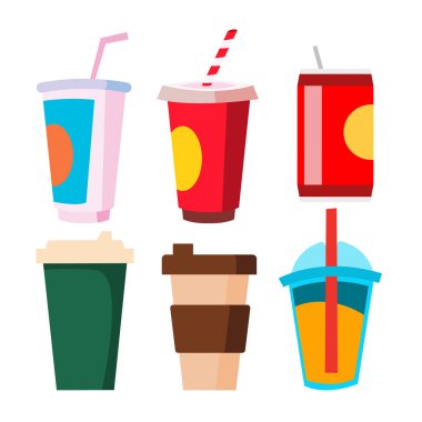 Paket servisi olan restoran içki vektör ayarlayın. Kupa, kupa kahve, meyve suyu, Soda ile. Soğuk ve sıcak lezzetli içecek. İllüstrasyon izole karikatür