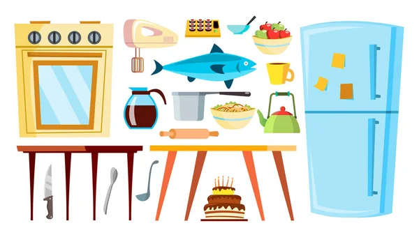 Küchenartikel-Vektor. Kühlschrank, Tisch, Lebensmittel, Geschirr, Gegenstände. Isolierte Cartoon-Illustration — Stockvektor