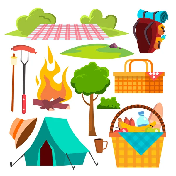 Piknik wektor elementów. Namiot, ognisko, kiełbaski, kosz. Wycieczki, wakacje. Ilustracja kreskówka na białym tle — Wektor stockowy