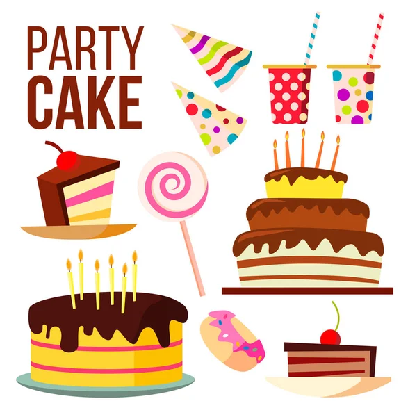 パーティーの甘いケーキ ベクトル。大きなお祝いのケーキ。お祝い、休日、誕生日デザイン要素。孤立した漫画の実例 — ストックベクタ