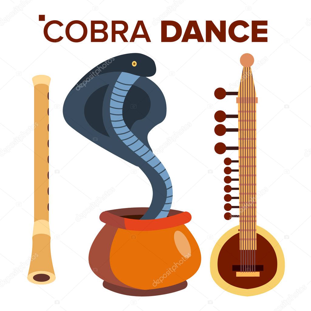 Cobra Dance Vector. Load Of Snakes. Flute And Pot. India. Isolated Cartoon Illustration