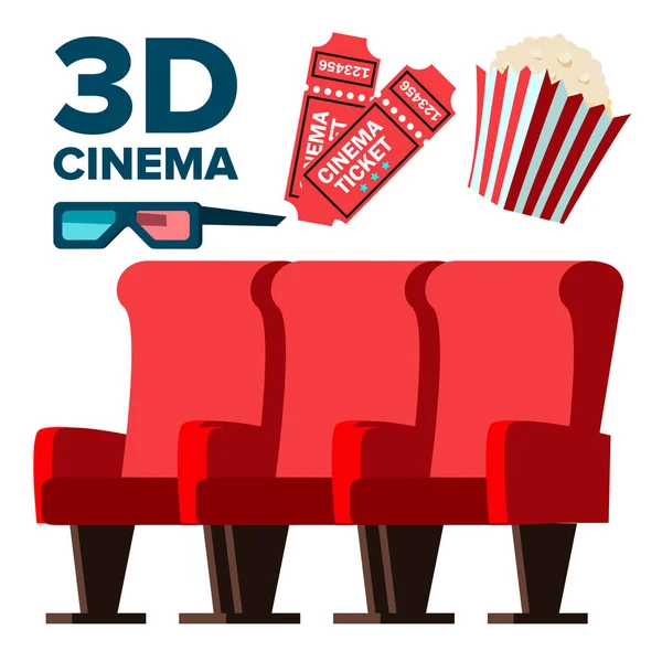Вектор 3D-кинотеатра. Попкорн, Красные сиденья, Билеты, Стерео очки. Изолированная карикатура — стоковый вектор
