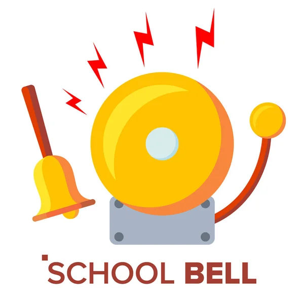School Bell, Ring Vector. Beltonen klassieke elektrische Bell en Hand goud Metallring geïsoleerd Cartoon afbeelding — Stockvector