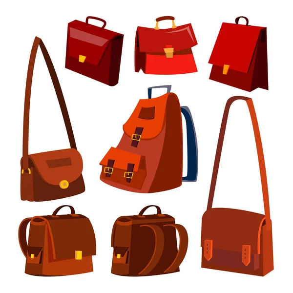 Brown Leather Bag Set Vector. Briefcase. For Male, Female. School And Business. Isolated Cartoon Illustration — Stock Vector
