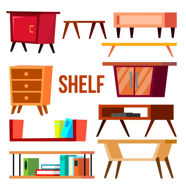 Home Shelf Set Vector. Interior Furniture Objects. Wooden Storage. Isolated Cartoon Illustration — Stock Vector