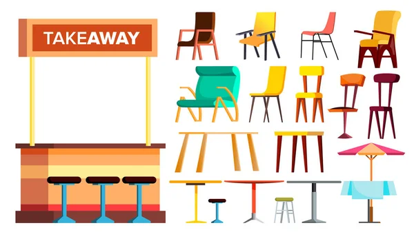Cafe Furniture Set Vector. Takeaway. Interior Design Furniture Element. Table, Chair. Sidewalk Bistro. Isolated Cartoon Illustration — Stock Vector