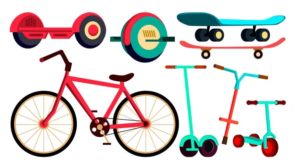 Itens de rodas conjunto Bicicleta, Skate, Scooter Vector. Urdan Transport. Gadget moderno. Ilustração de desenhos animados isolados — Vetor de Stock