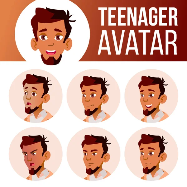 Arab, Muslim Teen Boy Avatar Set Vector. Emociones faciales. Usuario, Carácter. Divertido, alegre. Ilustración de cabeza de dibujos animados — Vector de stock