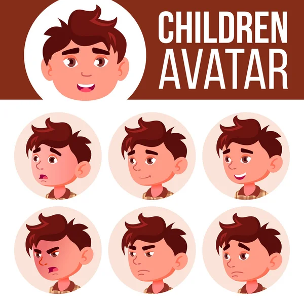 Boy Avatar Set Kid Vector. Jardim de infância. Emoções faciais. Pré-escolar, Baby, Expressão. Nascimento, Vida, Emocional. Imprimir, Convite. Desenhos animados cabeça ilustração —  Vetores de Stock