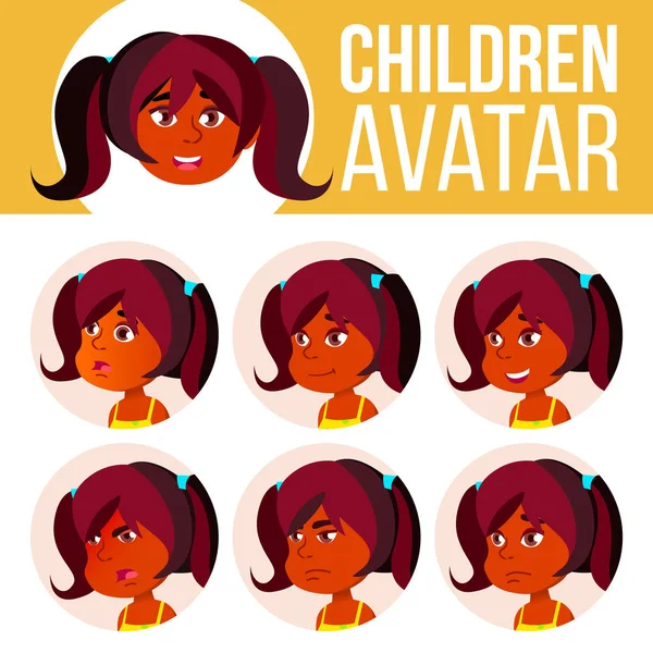 Indian Girl Avatar Set Kid Vector. Jardín de infantes. Emociones de cara hindú. Dibujos animados, cómic, plano. Felicidad Disfrutar, Pequeño. Folleto, Folleto. Ilustración de cabeza de dibujos animados — Vector de stock