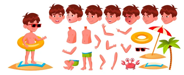 Junge Kindergarten Kind Vektor. Animationsset. Emotionen, Gesten. Sommerfreizeit. Urlaub, Spaß, Wasserpark, Strand,. für Web, Broschüre, Plakatgestaltung. animiert. Isolierte Cartoon-Illustration — Stockvektor