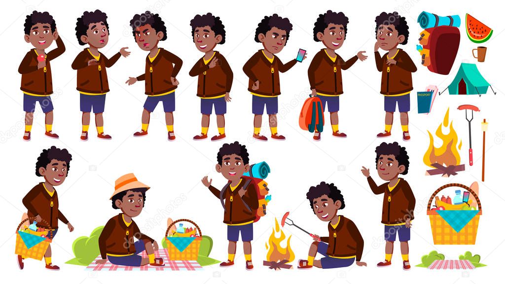 Boy Schoolboy Kid Poses Set Vector. Primary School Child. Black. Afro American. Picnic, Summer Rest. Hike. Vacation. Pose. For Web, Brochure, Poster Design. Isolated Cartoon Illustration