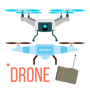 Drone vektör. Uzaktan hava Quadcopter. Fotoğraf, Video, teslimat. Düz çizgi film illüstrasyon izole