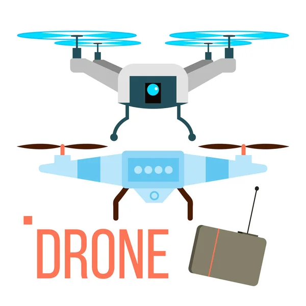 Drone Vector. Remote Aerial Quadcopter. Photo, Video, Delivery. Isolated Flat Cartoon Illustration — Stock Vector