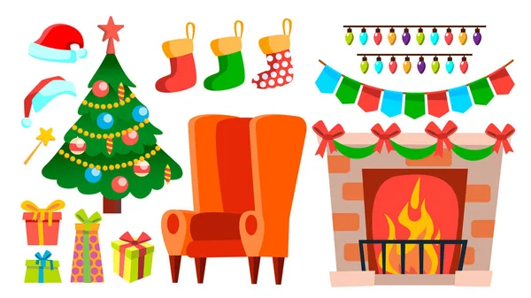 Christmas Decoration Icons Vector. Fireplace, Sock, Chair, Christmas Tree, Gifts, Lights, Hat. Isolated Flat Cartoon Illustration — Stock Vector