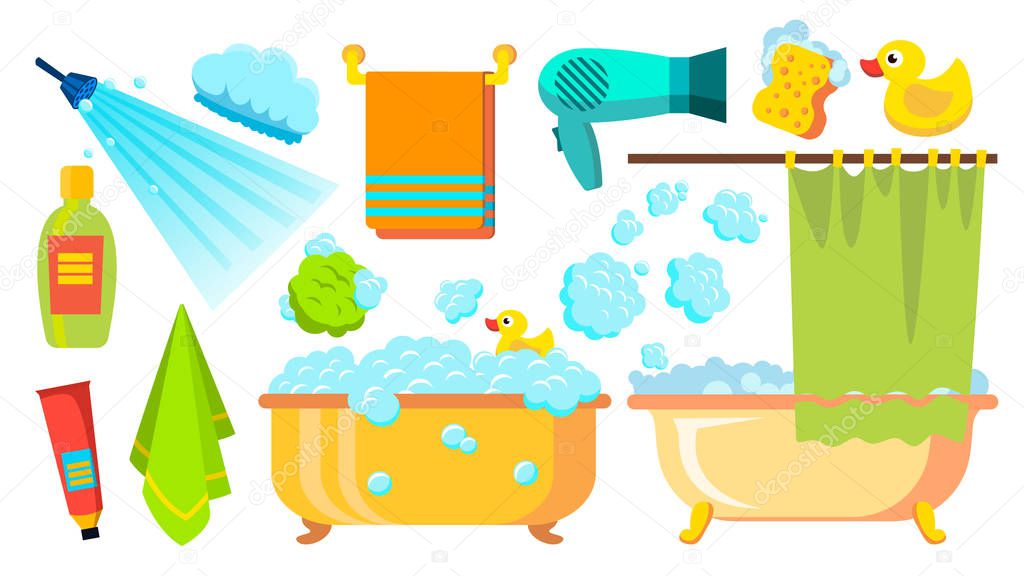 Take A Shower, Bath Icons Vector. Accessories Hairdryer, Shampoo, Towel, Foam. Isolated Flat Cartoon Illustration