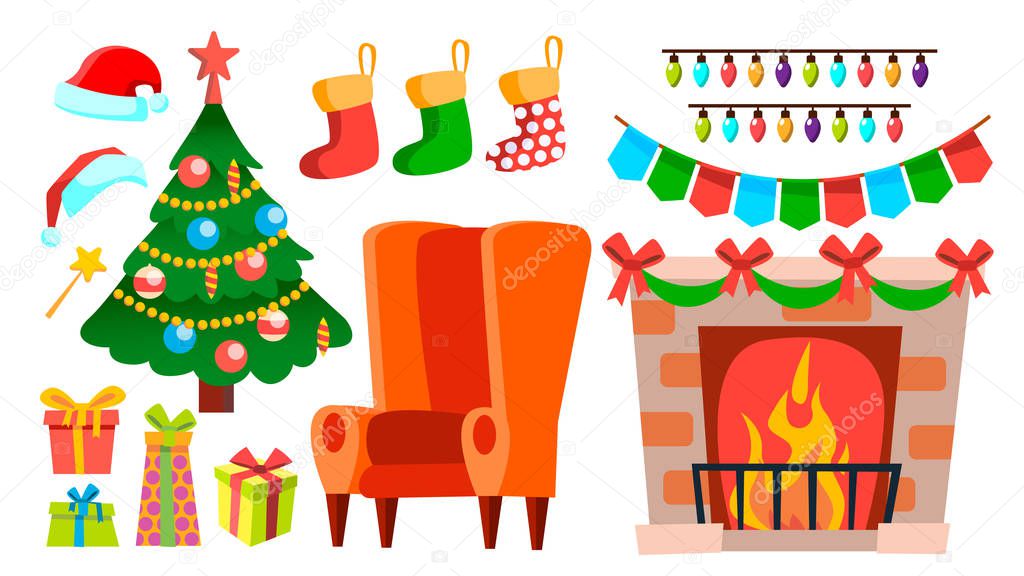 Christmas Decoration Icons Vector. Fireplace, Sock, Chair, Christmas Tree, Gifts, Lights, Hat. Isolated Flat Cartoon Illustration