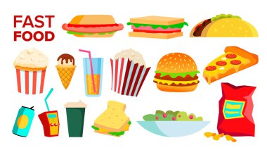 Fast Food simgeler vektör ayarlayın. Hamburger yemek. Paket servisi olan restoran yiyecek. Sağlıksız hızlı Cafe. Düz çizgi film illüstrasyon izole