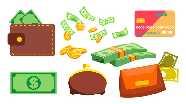 Brieftasche, Geld, Münzen. Geldbörse. Rechnung. Online, ofline Zahlungen. isolierte flache Cartoon-Illustration — Stockvektor