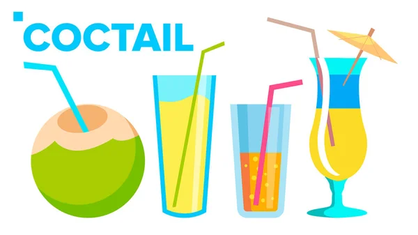 Coctail Icons Set Vector. Summer Alcoholic Drink. Holiday Beach Party Menu. Isolated Flat Cartoon Illustration — Stock Vector