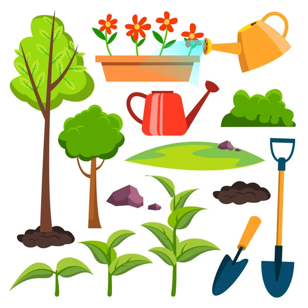 Vector de iconos de jardín. Regadera, Pala, Arbolito, Planta, Flores de Riego. Ilustración plana aislada de la historieta — Vector de stock