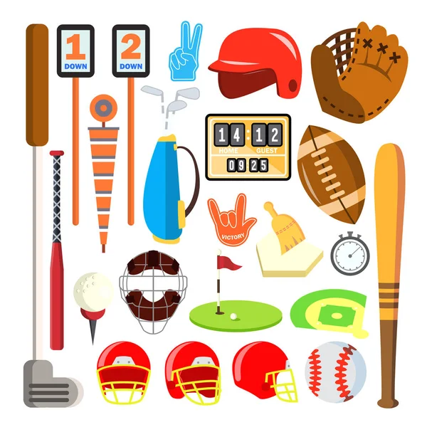 Desporto Ícones Vector. Beisebol, golfe, futebol americano. Ilustração plana isolada dos desenhos animados —  Vetores de Stock