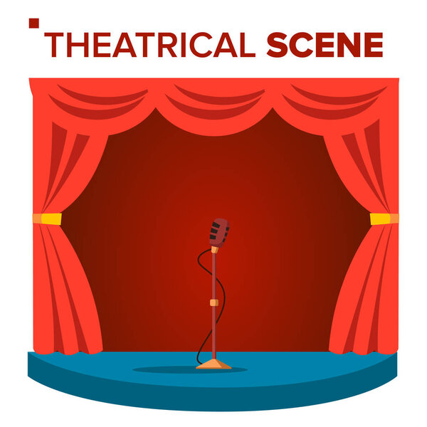 Theatrical Scene Vector. Performane. Stage Podium. Red Velvet Curtains. Event Show. Isolated Flat Cartoon Illustration