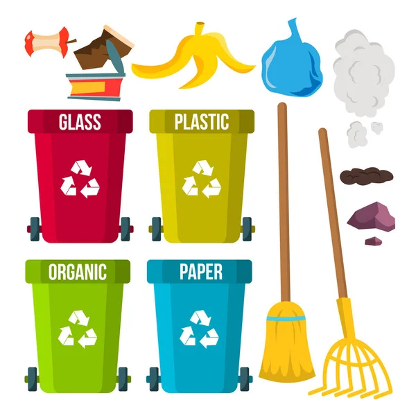 Mülltrennung und -reinigung. Papierkörbe. Trennung. Müllkippe. ökologisches Problem. isolierte flache Cartoon-Illustration — Stockvektor