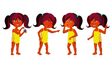 Hintli kız Anaokulu çocuk Set vektör teşkil etmektedir. Hindu. Çocuk, çocuk ifade. Soyun. Yaz tatili. Plaj, havuz, su parkı. Kartpostal, kapak, afiş tasarımı için. İllüstrasyon izole karikatür