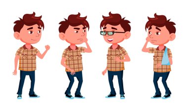 Çocuk Anaokulu çocuk Set vektör teşkil etmektedir. Çocuk ifade. Kırık kol, Gglasses, Ill Afiş, el ilanı, Web tasarımı için. İllüstrasyon izole karikatür