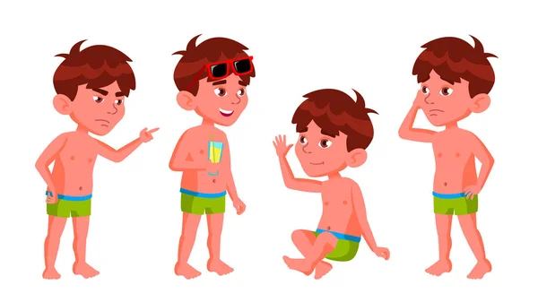 男の子の幼稚園児の子供のポーズ設定のベクトル。夏休み。プール、ビーチ。服を脱ぐ。カード、広告、グリーティングのデザイン。孤立した漫画の実例 — ストックベクタ