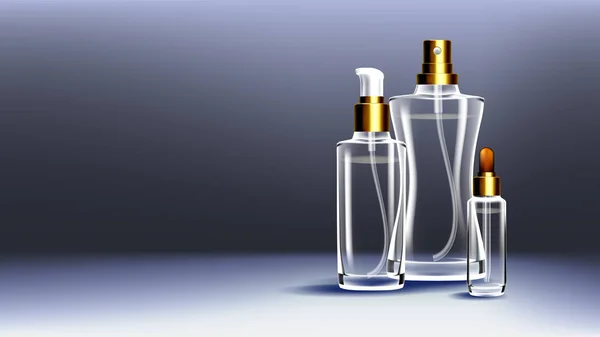 Vetor de anúncios de vidro cosmético. Hidratante Médico. Óleo, água, perfume. Garrafa. Isolado 3D Transparente Realista Modelo Mockup Ilustração — Vetor de Stock