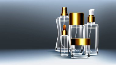 Kozmetik Cam Ambalaj vektör. Yüz losyonu. Yumuşak sprey. Şişe. Kavanoz. 3D izole şeffaf gerçekçi Mockup şablon çizimi