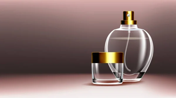 Vecteur de bannière en verre cosmétique. Pot Premium. Hydratant médical. Luxe, mode. Bouteille. Pot. Illustration de modèle de maquette réaliste transparent isolé en 3D — Image vectorielle