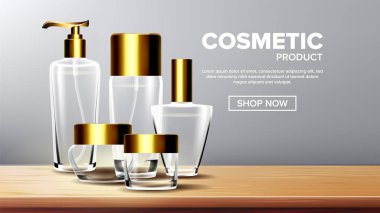 Kozmetik cam ürün vektör. Tıbbi nemlendirici. Lüks moda. Şişe. Kavanoz. 3D izole şeffaf gerçekçi Mockup şablon çizimi