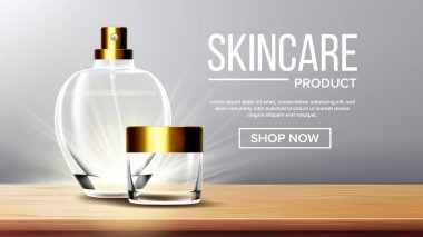 Kozmetik cam ürün vektör. Parfüm, özü. Yağ, su, parfüm. Şişe. Kavanoz. 3D izole şeffaf gerçekçi Mockup şablon çizimi