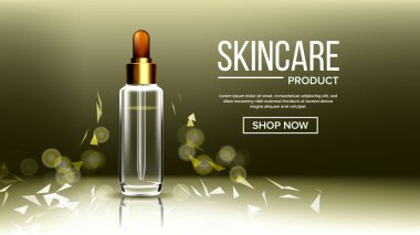 Kozmetik cam tasarım vektör. Parfüm, özü. Yağ, su, parfüm. Şişe. 3D izole şeffaf gerçekçi Mockup şablon çizimi