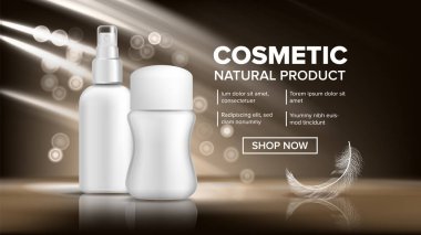 Kozmetik şişe reklam vektör. Boş plastik. Satılık el ilanı. Lüks ışık. Soyut etiket. Parlak nesne. 3D mockup gerçekçi illüstrasyon